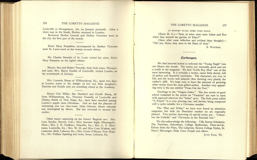 A scan of pages 176 and 177 of The Loretto Magazine