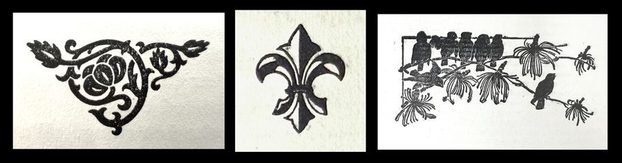 Block of three black and white prints - triangular vine, fluer de lis, and birds on a branch.