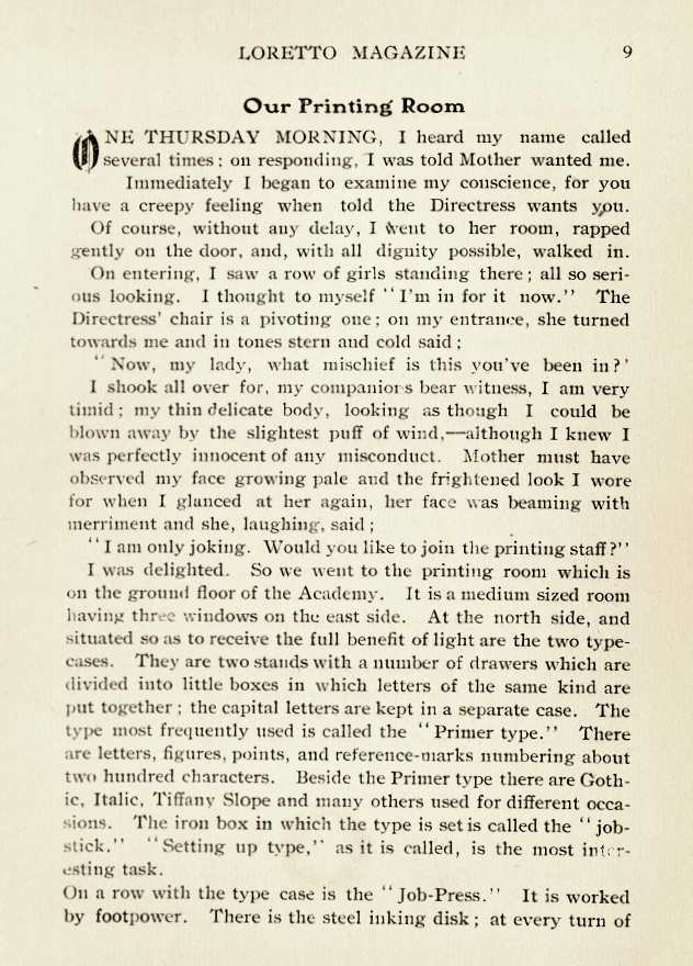 Scan of a page from The Loretto Magazine with a story entitled "Our Printing Room"