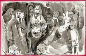 Ink and watercolor drawing of the Holy Family surrounded by a shepherd, sheep, a donkey, women of different ages and several children. The image is outlined with a red border.