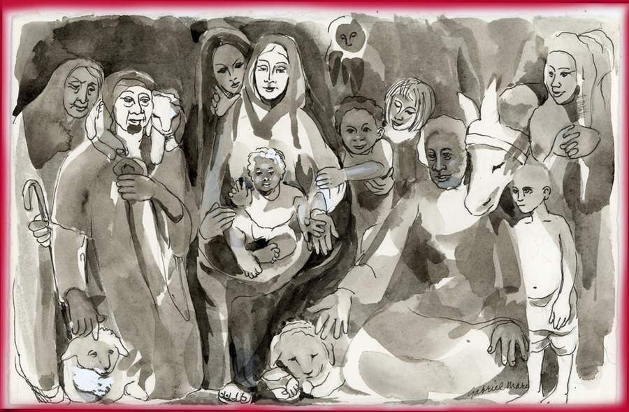 Ink and watercolor drawing of the Holy Family surrounded by a shepherd, sheep, a donkey, women of different ages and several children. The image is outlined with a red border.