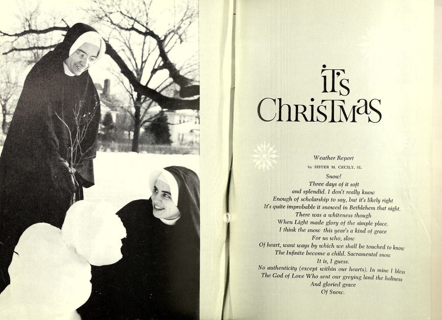 Scan of a two-page spread with a photo of two nuns in habit and a snowman on the left and a poem entitled "It's Christmas" by Sister M. Cecily on the right.