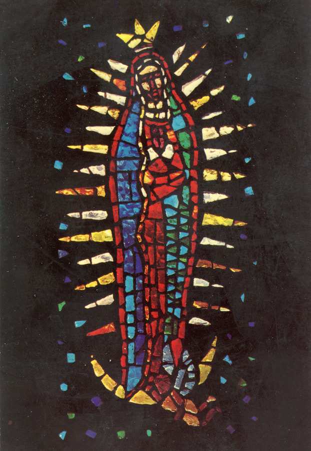 Stained glass image of Our Lady of Guadalupe.