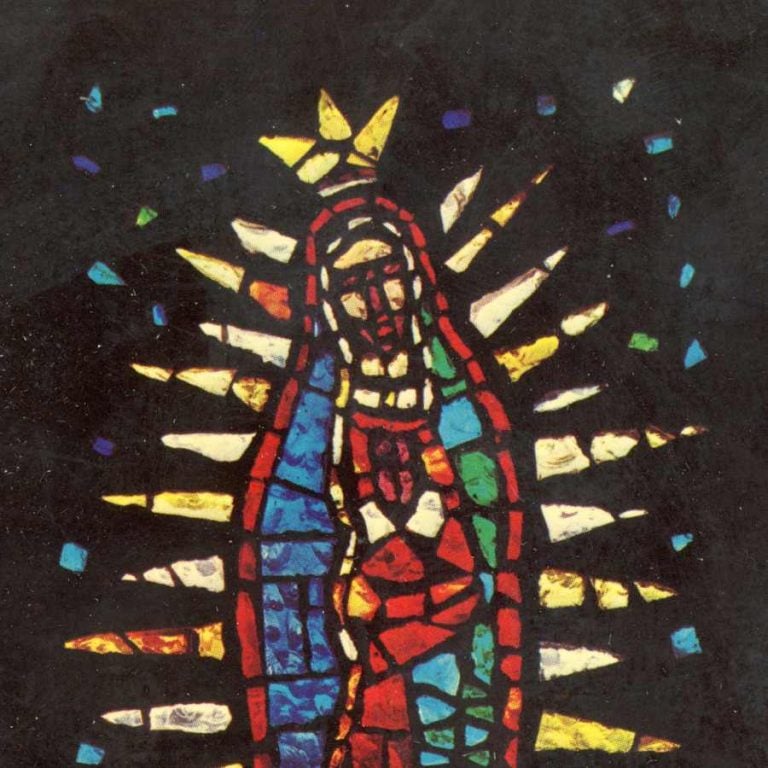 Stained glass image of Our Lady of Guadalupe (top half of image)