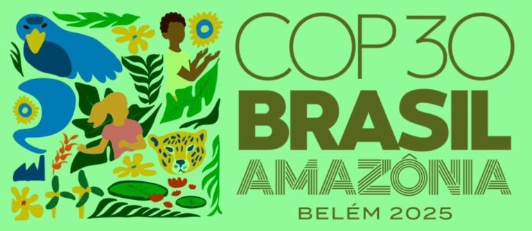 a bright green poster that says COP30 Brasil Amazonia Belem 2026 with a square of colorful cartoon tropical birds and animals.