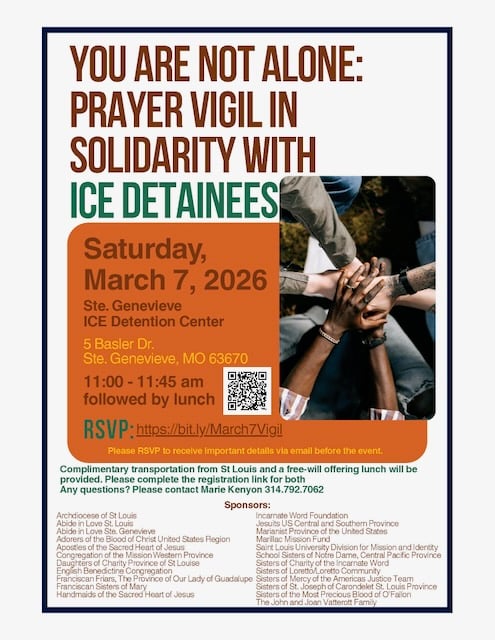 Poster for Prayer vigil event with event details next to image of hands of people of different races coming together.