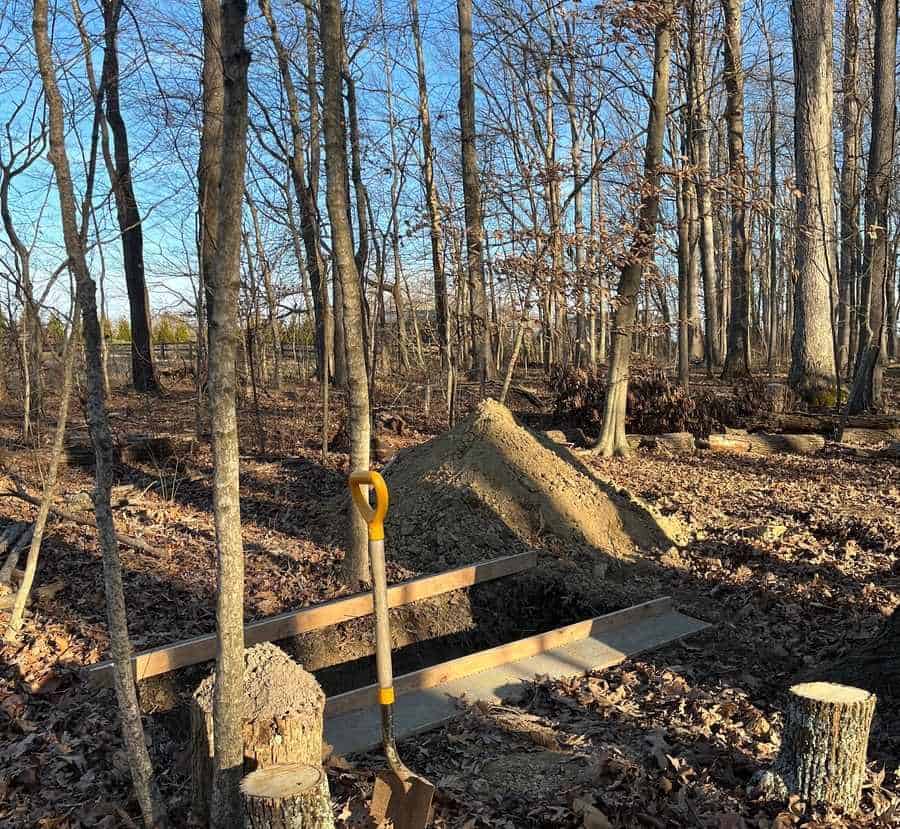 In a snowless winter woods, a shovel stands in front of a framed and empty grave, with the pile of dirt behind the grave.