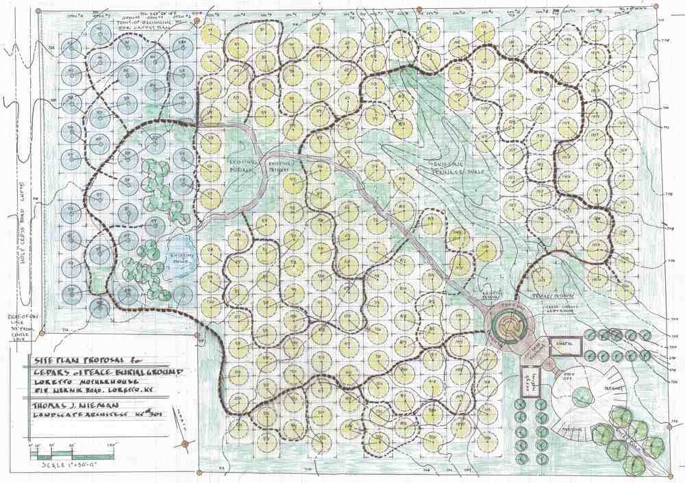 Hand-drawn map and layout for the Loretto Woods Natural Burial cemetery.