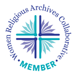Four teal and purple books opened to 90-degree angles shape a cross in the negative space between them. The words "Women Religious Archives Collaborative - Memeber" encircle the image.