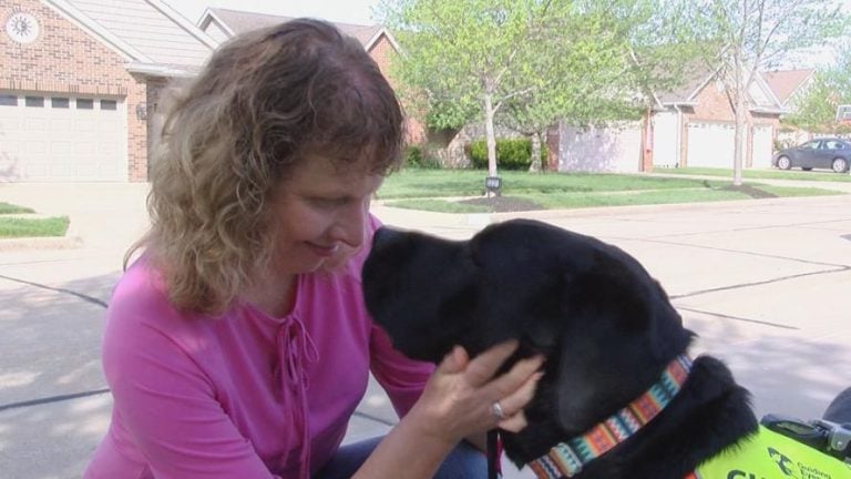 A woman in a pink shirt with light brown shoulder-length wavy hair is nose to nose with her seeing-eye dog as she holds his face in her hands.
