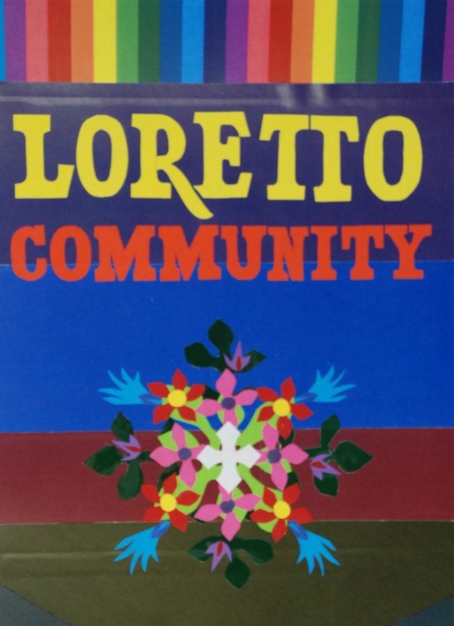 Brightly colored banner with rainbow stripes across the top, the words "Loretto Community" in large yellow and red letters and a stylized bouquet at the bottom.