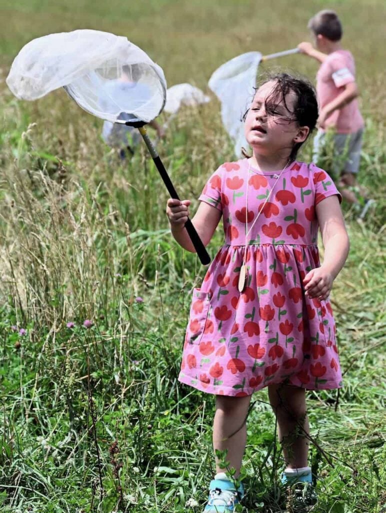 Two children in a grassy field learning holding butterfly nets and collecting bugs on a hot summer day.