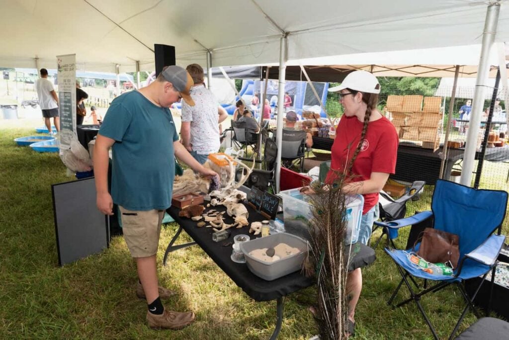 A teen boy in a blue shirt, baseball cap and cargo pants stops at a table at an outdoor event and looks at the display. The display is several animal bones and there is a woman with a red t-shirt, jean shorts, white baseball cap and a long braid that is telling him about what's on the table.