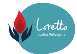 Two hands hold a bright flame next to the words "Loretto Justice Fellowship"