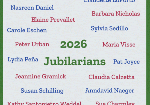 Square image with animated fireworks throughout and "2026 Jubiliarians" in green in the center. Scattered around the text are the following 21 names: Kathleen Tighe, Bernie Feeney, Bea Klebba, Claudette LoPorto, Nasreen Daniel, Barbara Nicholas, Elaine Prevallet, Carole Eschen, Sylvia Sedillo, Peter Urban, Maria Visse, Lydia Peña, Pat Joyce, Jeannine Gramick, Claudia Calzetta, Susan Schilling, Anndavid Naeger, Kathy Santopietro Weddel, Sue Charmley, Elizabeth Croom, and Patricia Herron.
