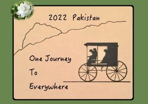 Pencil drawing of a covered buggy with three passengers in it, with the text "2022 Pakistan. One Journey To Everywhere."