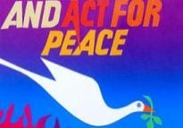 A colorful banner with a white dove and a gradient color background of pink and blue with the text, "We work for justice and act for peace"