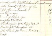 Photo of 1887 ledger listing cost of tuition and books, and a payment of $41.25 - "By Sheep"