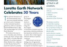 Front page of the Loretto Earth Network News for Earth Day 2022 - includes a header in dark blue, a close-up photos of grasses with water in the background, and text.