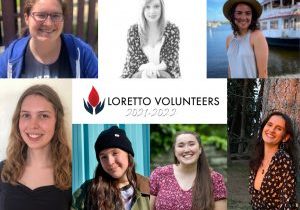 Collage made up of headshots of seven young women. Central text reads "Loretto Volunteers 2021-2022"