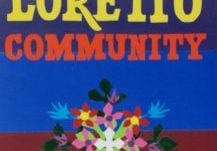 Brightly colored banner with rainbow stripes across the top, the words "Loretto Community" in large yellow and red letters and a stylized bouquet at the bottom.