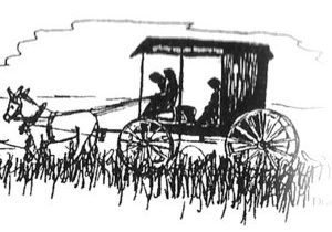 Ink drawing of a horse-drawn buggy bearing three bonnetted women.