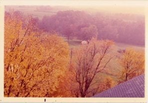 Old, undated photo of a house in the distance, taken from a rooftop. The house is nestled in a copse of trees and is framed by the golden leaves of the trees in the foreground.