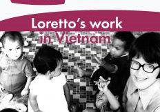 Cover of Loretto Magazine Fall 2021 features an archival photo of a Sister of Loretto on the floor with Vietnamese children.