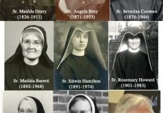 Three-by-three collage of nine nuns, eight of which are in habits. The most recent photo is the woman in the lower right corner who is not in a habit and is in color.