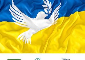 Image of Ukrainian flag, Loretto logo and logos of other congregations