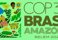 a bright green poster that says COP30 Brasil Amazonia Belem 2026 with a square of colorful cartoon tropical birds and animals.